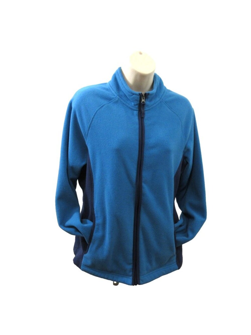 Merona Jacket Womens Sz Lg Fleece Full Zip Blue Colorblock Pockets Mock Neck LS